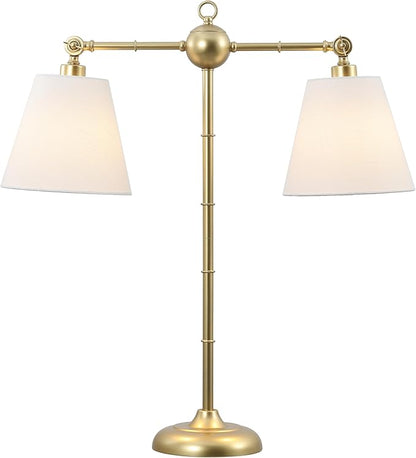 JONATHAN Y 31" Gold 2-Light Contemporary Farmhouse Adjustable Iron Library LED Table Lamp, White Linen Shades for Living Room Office Sideboard, LED Bulbs Included JYL3074A
