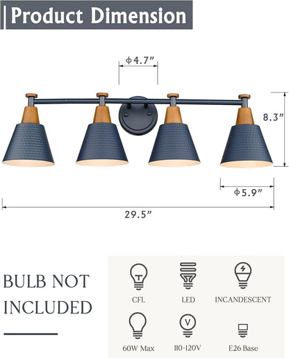 FEMILA 4-Light Bathroom Light Fixtures, Farmhouse Modern Vanity Lights Wall Lamp with Hammered Metal Shade Finish, Dark Blue, 4FG59B-4W Blue