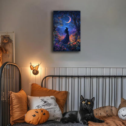 Vintage Halloween Witch Decor Mystic Gothic Wall Art Poster,Enchanting Witch Fall Whimsical Wildflowers Woodland Forest Crescent Moon Picture Art,Creepy Witchy Home Decor,12"x18" Framed