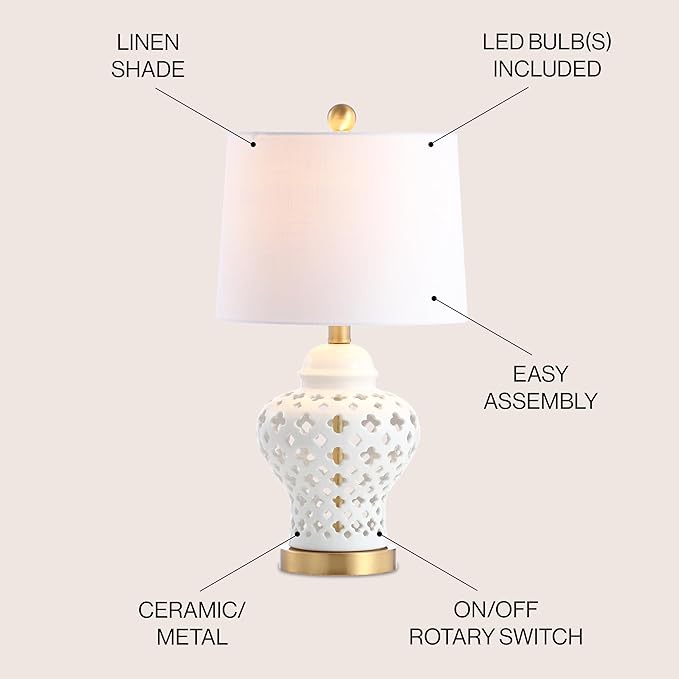 JONATHAN Y 20.5" White Pierced Ginger Jar Ceramic LED Table Lamp, Modern Glam Quatrefoil Fretwork for Living Room Bedroom, White Linen Shade, LED Bulb Included JYL6210A