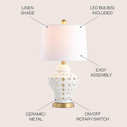 JONATHAN Y 20.5" White Pierced Ginger Jar Ceramic LED Table Lamp, Modern Glam Quatrefoil Fretwork for Living Room Bedroom, White Linen Shade, LED Bulb Included JYL6210A