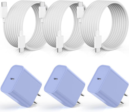 Apple iPhone 16 15 Charger Fast Charging [Apple MFi Certified]3Pack 20W USB Type C Charging Block with Long 6 FT Fast Charging Cable for iPhone 16/16 Pro/Pro Max,iPhone 15/15 Pro Max/Plus/iPad(Purple)