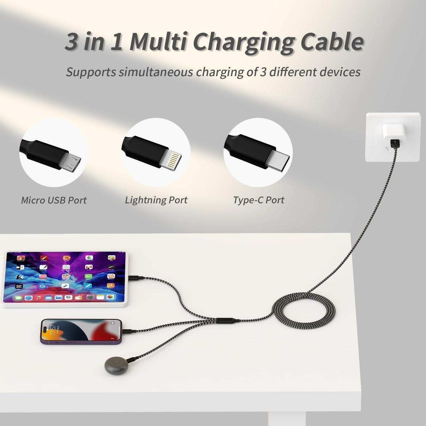IDISON Multi Charging Cable(2Pack 4FT), 3 in 1 USB Charging Cable for Multiple Devices, Braided Universal Phone Charger Cord with Type-C, Micro USB, IP Port for iPhone16/15/14/Android Phones and More