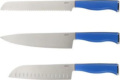 Oster Langmore 15-Piece Stainless Steel Cutlery Knife Block Set with Classic Blue Handles – Full Kitchen Knife Set in Black Storage Box
