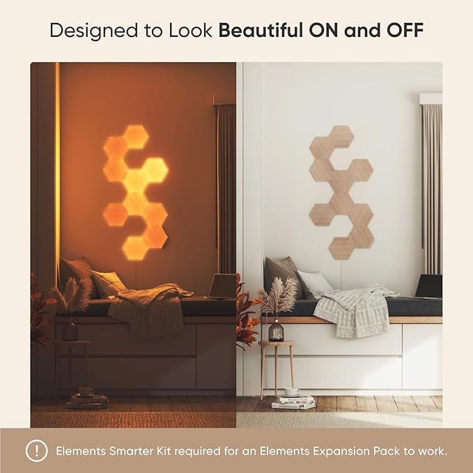 Nanoleaf Elements Wood Look Smart Wall Lights, Hexagon LED Wall Lights Work with Alexa Google Assistant, Home Wall Decor for Living Room with Music Sync, Ambient White 1500-4000K, Expansion 3 Panel