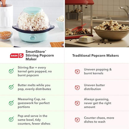 Dash SmartStore Stirring Popcorn Maker - Hot Oil Electric Popcorn Popper with Butter-Warming Tray, Clear Serving Bowl & Measuring Cup - 12 Cups, Aqua