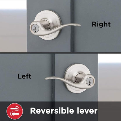 Kwikset Tustin Entry Door Handle with Lock and Key, Secure Keyed Reversible Lever Exterior, For Front Entrance and Bedrooms, Satin Nickel, Pick Resistant Smartkey Rekey Security and Microban