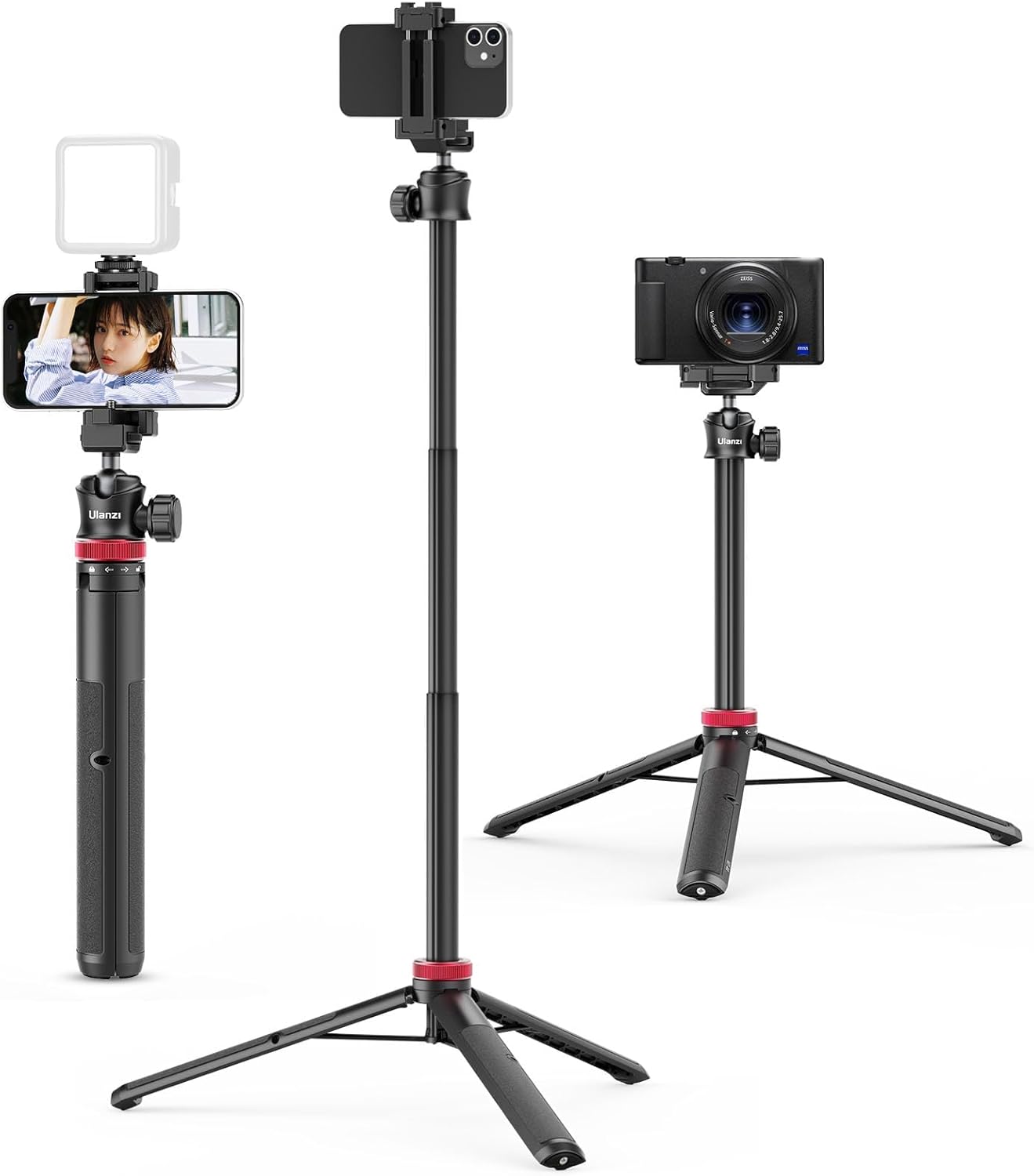 ULANZI MT-44 Extendable Phone Tripod, 59" Selfie Stick Vlog Stand with 2 in 1 Phone Clip, 360° Ball Head Camera Tripod for iPhone Sony Canon DJI Osmo Action Camera, Lightweight for Travel
