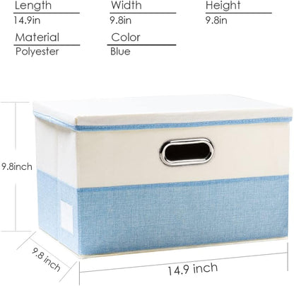PRANDOM Collapsible Storage Bin with Lid [3-Pack] Fabric Foldable Storage Box Organizer Container Basket Cube with Cover for Home Bedroom Closet Office Nursery Blue&Cream(14.9x9.8x9.8)