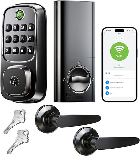 Wi-Fi Smart Locks for Front Door with 2 Lever Handle Set,App Control,Keyless Entry Deadbolt for Front Door with Auto Lock,Electronic Digital Keypad,Remote Control,Voice Unlock,Waterproof,Black