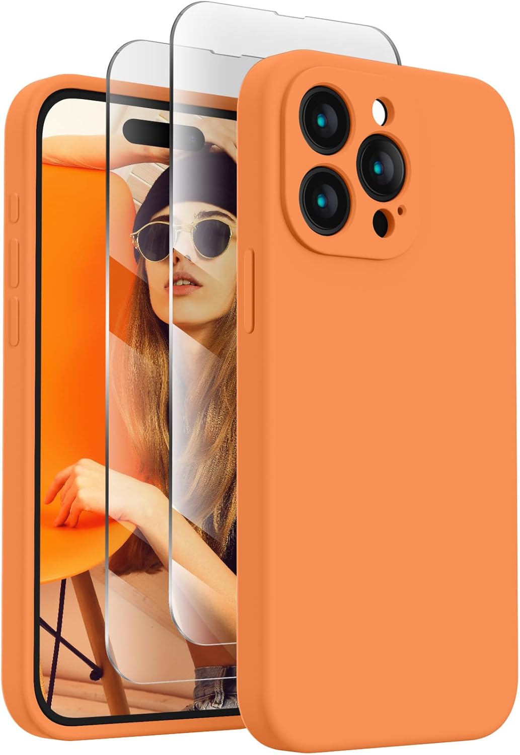 FireNova Designed for iPhone 15 Pro Max Case, Silicone Upgraded [Camera Protection] Phone Case with [2 Screen Protectors], Soft Anti-Scratch Microfiber Lining Inside, 6.7 inch, Kumquat