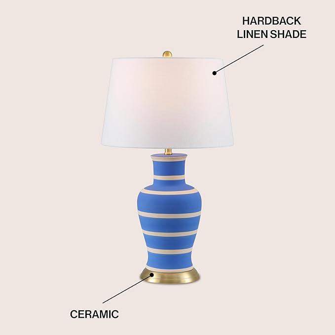 JONATHAN Y 29" Blue/Beige Traditional Ceramic Urn LED Table Lamp for Bedroom Decor, White Linen Drum Shade, Classic Nightstand Lamp for Living Room, LED Bulb Included (JYL4026L)