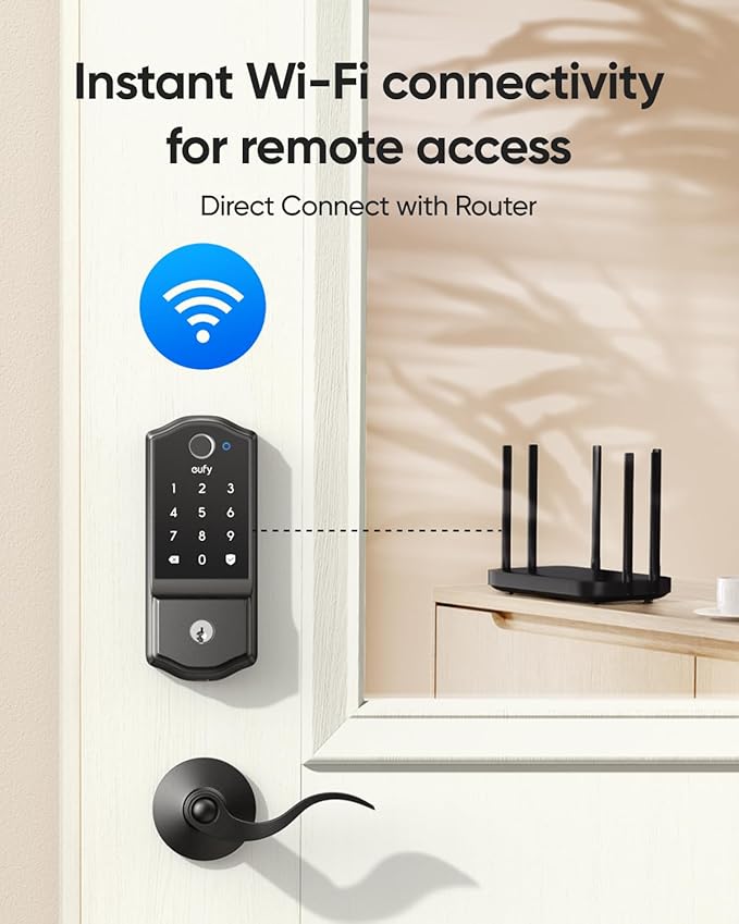 eufy Security Smart Lock C220, Fingerprint Keyless Entry Door Lock, Built-in Wi-Fi, App Remote Control, Front Door Smart Lock Deadbolt, 8Months Battery, Reliable Power, IP53, Black, Traditional