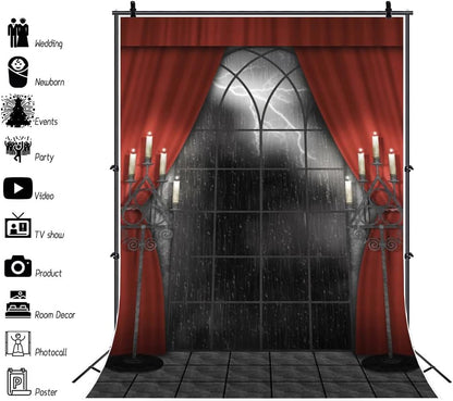 Renaiss 10x15ft Vintage Gothic Window Backdrop Red Curtain Candlestick Black Floor Lightning Stormy Sky Vampire Medieval Castle Photography Background Halloween Dress Up Party Decors Photo Booth Props