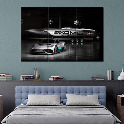 TUMOVO Sports Car Canvas Wall Art 3D Model Design On Black Background Picture Painting for Home Decoration Stretched Canvas and Ready to Hang - 28 x 14inch x 3 Panels