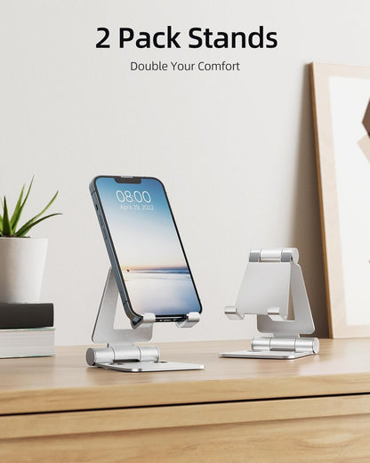 Nulaxy 2 Pack Dual Folding Cell Phone Stand, Fully Adjustable Foldable Desktop Phone Holder Cradle Dock Compatible with Phone 16 15 14 13 12 Pro Xs Xs Max Xr, All Phones, Silver