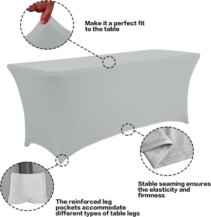 IVAPUPU 2 Pack 6FT Table Cloth for Rectangular Fitted Events Stretch Grey Table Covers Washable Cover Spandex Tablecloth Protector for Party, Wedding, Cocktail, Banquet, Festival