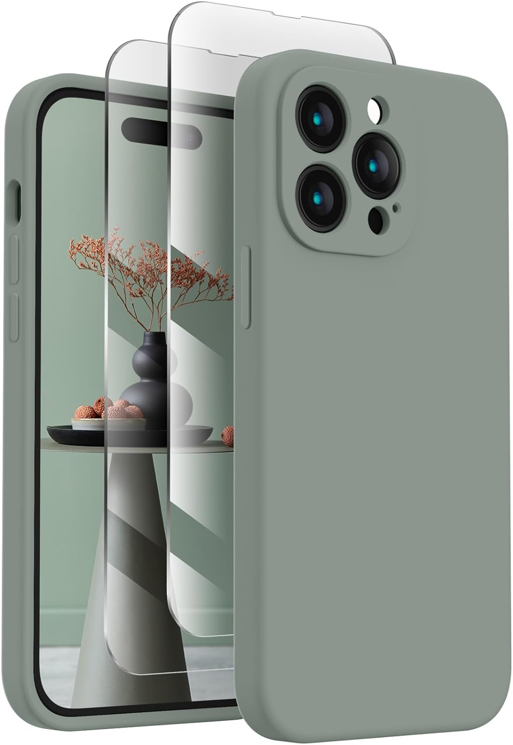 FireNova for iPhone 14 Pro Case, Silicone Upgraded [Camera Protection] Phone Case with [2 Screen Protectors], Soft Anti-Scratch Microfiber Lining Inside, 6.1 inch, Calke Green