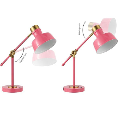 JONATHAN Y 18.5" Pink/Brass Gold Adjustable Cantilever LED Task Lamp with USB Charging Port, Vintage Farmhouse Desk Lamp for Home Office Reading, Metal Shade (JYL7124D)