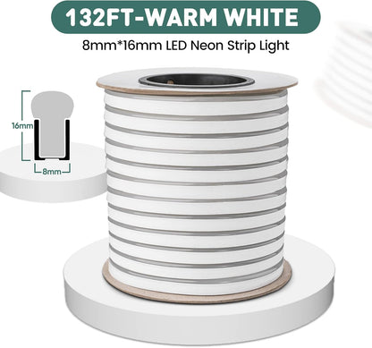 GZBtech Flexible LED Neon Rope Lights 132FT,AC 110-120V Waterproof Strip Light, 120 LEDs/M Cuttable Connectable Neon Lighting for Indoor Outdoor Home Decor/Commercial Building Use-Warm White 40M