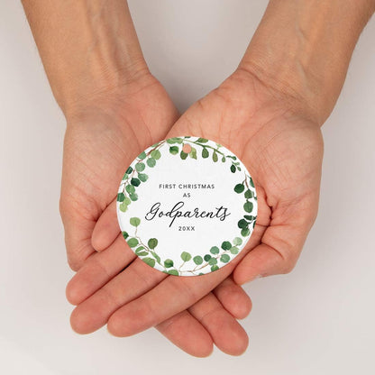 Andaz Press Custom Year Round Ceramic Porcelain Christmas Tree Ornament Keepsake Collectible Gift, First Christmas as Godparents 2025, Farmhouse Eucalyptus Wreath, 1-PackNew