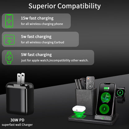 White Leather Pen Holder Desk Organizer with 3-in-1 Wireless Charger for Phone, Earbuds, Watch - Desktop Phone Stand,Birthday Gifts for Women,mom Gifts (Black)