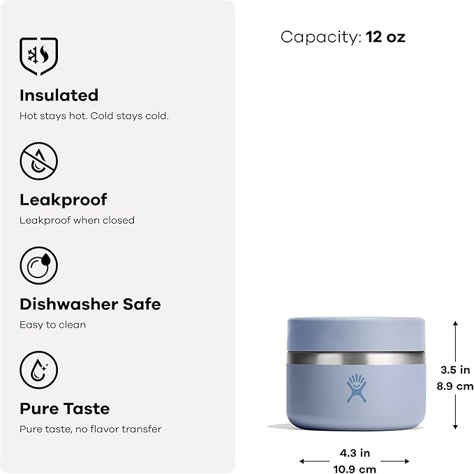 Hydro Flask Food Jar – Insulated Stainless Steel, Snack Travel Container for Hot Food, Lunch, & Soup 12 Oz Cascade Blue