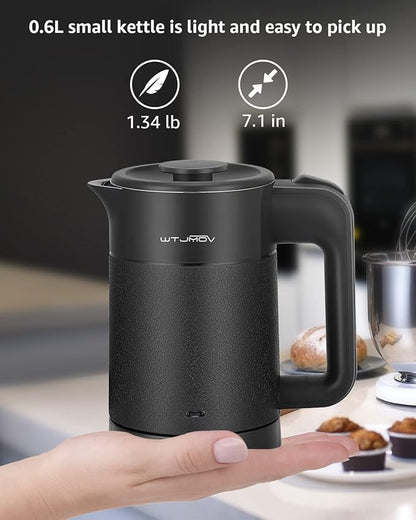 0.6L Small Electric Tea Kettle Lightweight, 20 Ounce Double Wall Hot Water Boiler Stainless Steel Auto Shut-off, 120V Portable Travel Electric Kettle Fast Boil for Tea and Coffee, Black