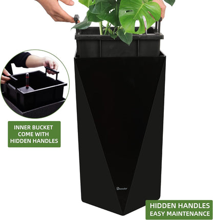 Dexceder 24 Inches Tall Self Watering Planter Diamond High Gloss Indoor Outdoor, Thickened Rhombus Large Floor Standing Flower Plant Pot with Water Level Indicator (Black)