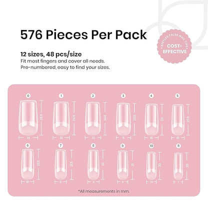 Beetles Nail Tips Medium Square 576Pcs 12 Sizes - Pre-Etched Soft Acrylic Nail Tips Half Matte False Nails Nail Art Full Cover Press Ons Nail Extensions Gift Set Home DIY Nail Salon