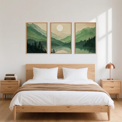 Celestdeco Watercolor Mountains Framed Canvas Wall Art Set, Boho Sun Forests Wall Decor, Green Scenery Wall Painting, Modern Woodland Artworks for Living Room, Bedroom, Dining Room, Office - 16"x24"x3