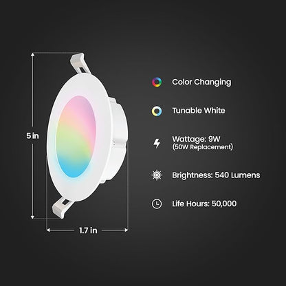 Feit Electric 4" Smart LED Canless Recessed Downlight, 50W EQ, Dimmable, WiFi Enabled, Compatible with Alexa and Google Home Asst, Color Changing, 90 CRI, 540 Lumens, 4 Pack, LEDR4XT/RGBW/CA/AG/4