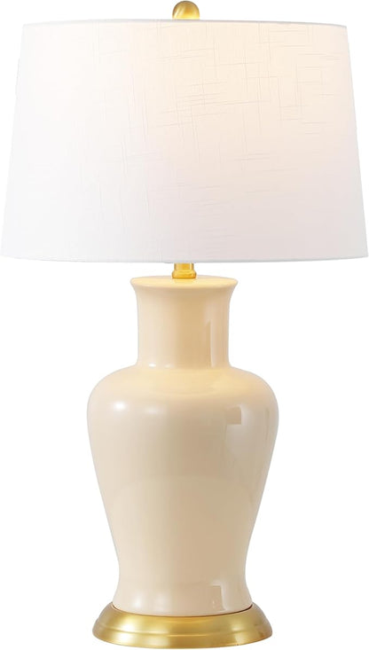 JONATHAN Y 29" Almond Traditional Ceramic Urn LED Table Lamp for Bedroom Decor, White Linen Drum Shade, Classic Nightstand Lamp for Living Room, LED Bulb Included (JYL4026D)