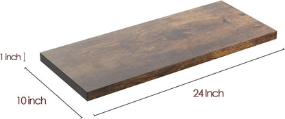 Wall Shelf Set of 2, Rustic Brown Floating Shelves 24 in W x 10 in D x 1 in H, Wooden Floating Wall Shelf with Invisible Brackets for Living Room/Bedroom/Bathroom/Kitchen Storage and Decor