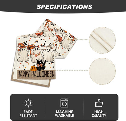 Artoid Mode Beige Ghost Jack-O'-Lantern Black Cat Halloween Table Runner,Holiday Kitchen Dining Table Decoration for Home Party Decor 13 x 36 Inch