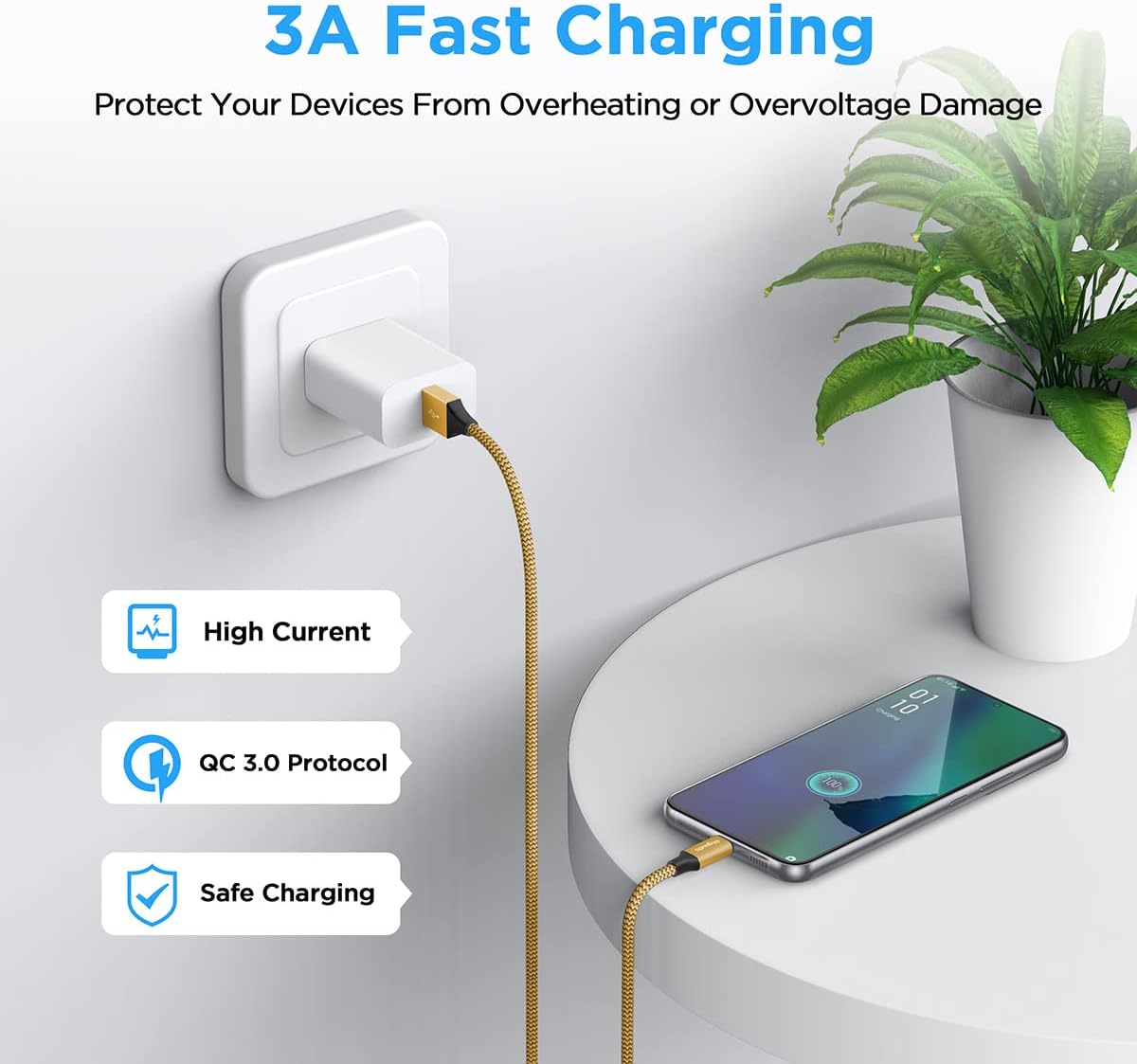 etguuds 6ft USB A to USB C Cable 3A Fast Charging, 2-Pack USB A to USB Type C Charger Cord for iPhone 16 15 Pro/Pro Max/Plus, for Samsung Galaxy S24 S23 S22 S21 S20 S10 A55 A54 Flip Note, Moto, Gold