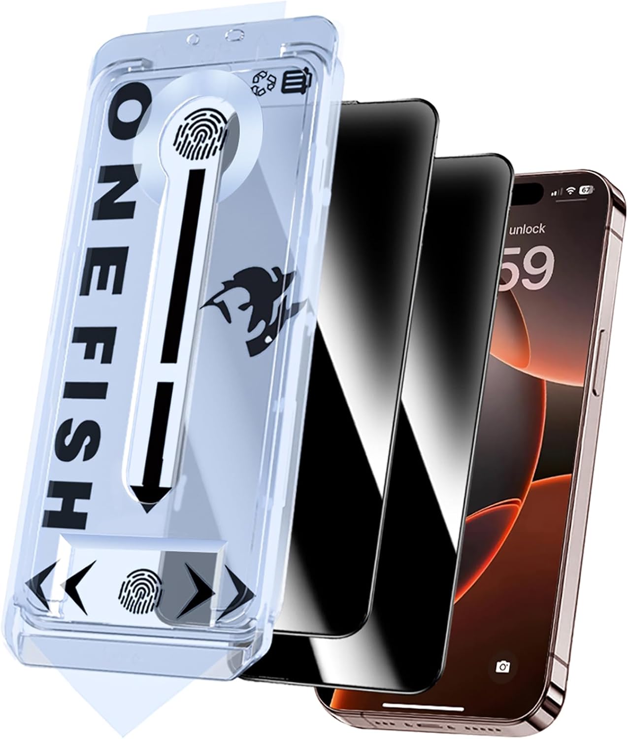 OneFish Screen Protector Privacy for iphone 16, Airbag Edge Protection, Anti Spy Private Tempered Glass Film with Installation Frame, 9H Scratch Resistant, Easy Installation, 2Pack.