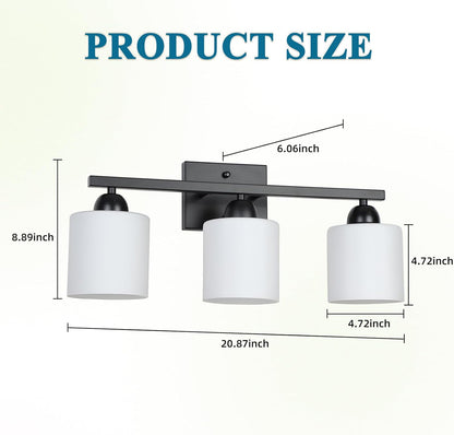 Milk Glass Vanity Lights for Bathroom, 3 Light Matte Black Bathroom Light Fixtures Over Mirror, Ceramic E26 Sockets Wall Mounted