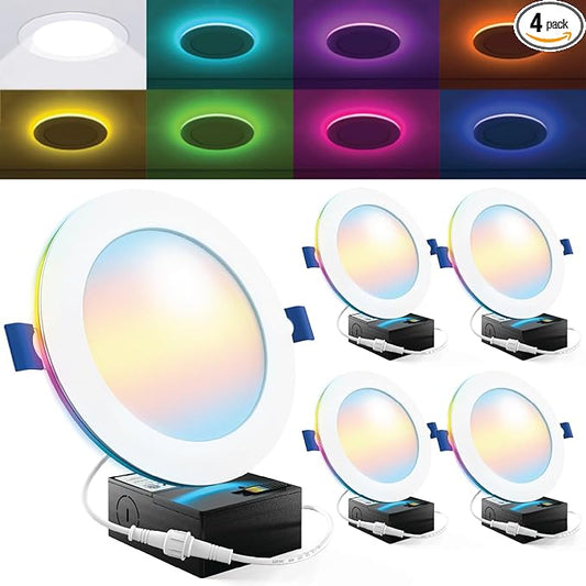 Sunco 4 Pack 6 Inch Smart Ultra Thin LED Recessed Ceiling Lights with Night Light, Tunable CCT 2700K to 6000K, Dimmable, 15W, Smooth Trim, Canless with Junction Box