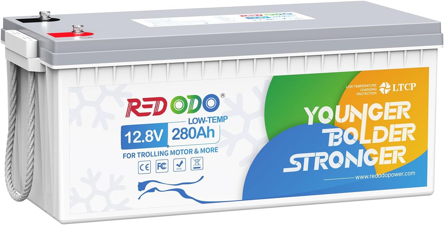 Redodo 12V 280Ah Low Temp Cutoff LiFePO4 Battery, 3584Wh Lithium Battery with Custom BMS, Up to 4000 Cycles, Ideal for Trolling Motor, Marine, RV and Off Grid Applications