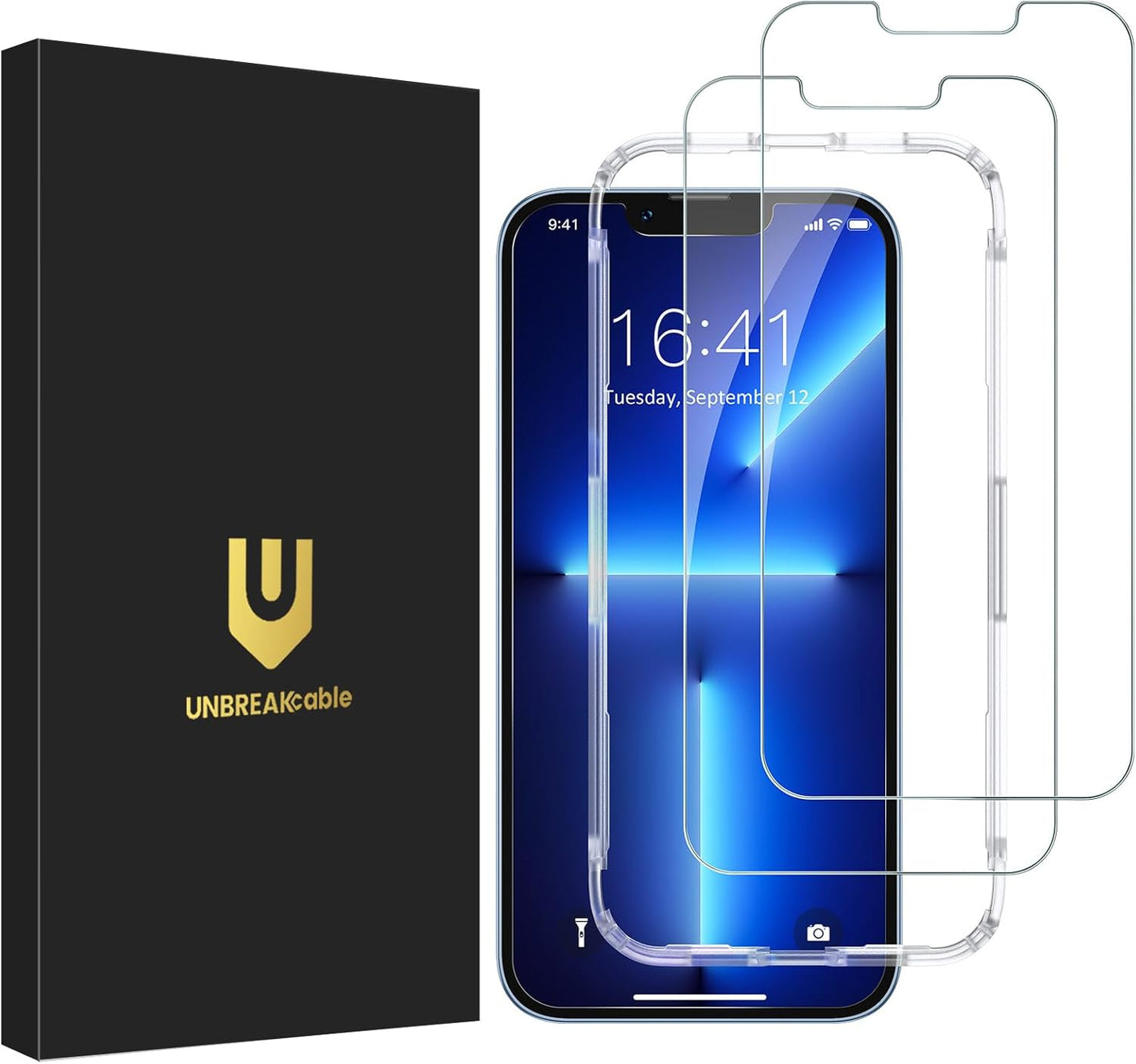 UNBREAKcable Screen Protector for iPhone 14/13/13 Pro [2-Pack] Double Shatterproof Tempered Glass [Easy Installation Frame] [9H Hardness] [99.99% HD Clear] [Bubble Free] for Apple 14/13/13 Pro 6.1''