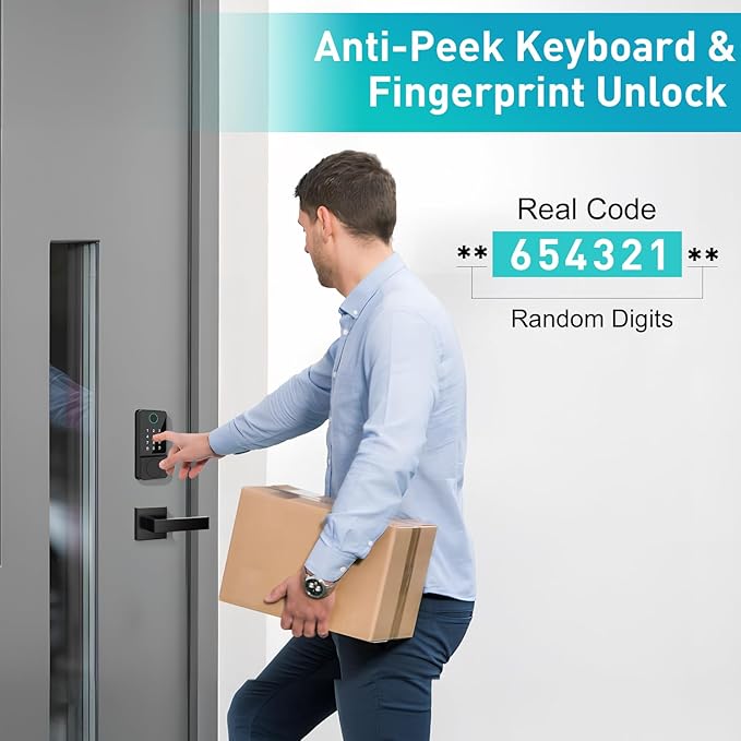 Smart Door Lock Set Keyless Entry Fingerprint Touchscreen Keypad APP IC Card Key Type-C Charging Unlocking with 2 Handles 6 in 1 Electric Biometric Digital Deadbolt for Front Doors Apartment