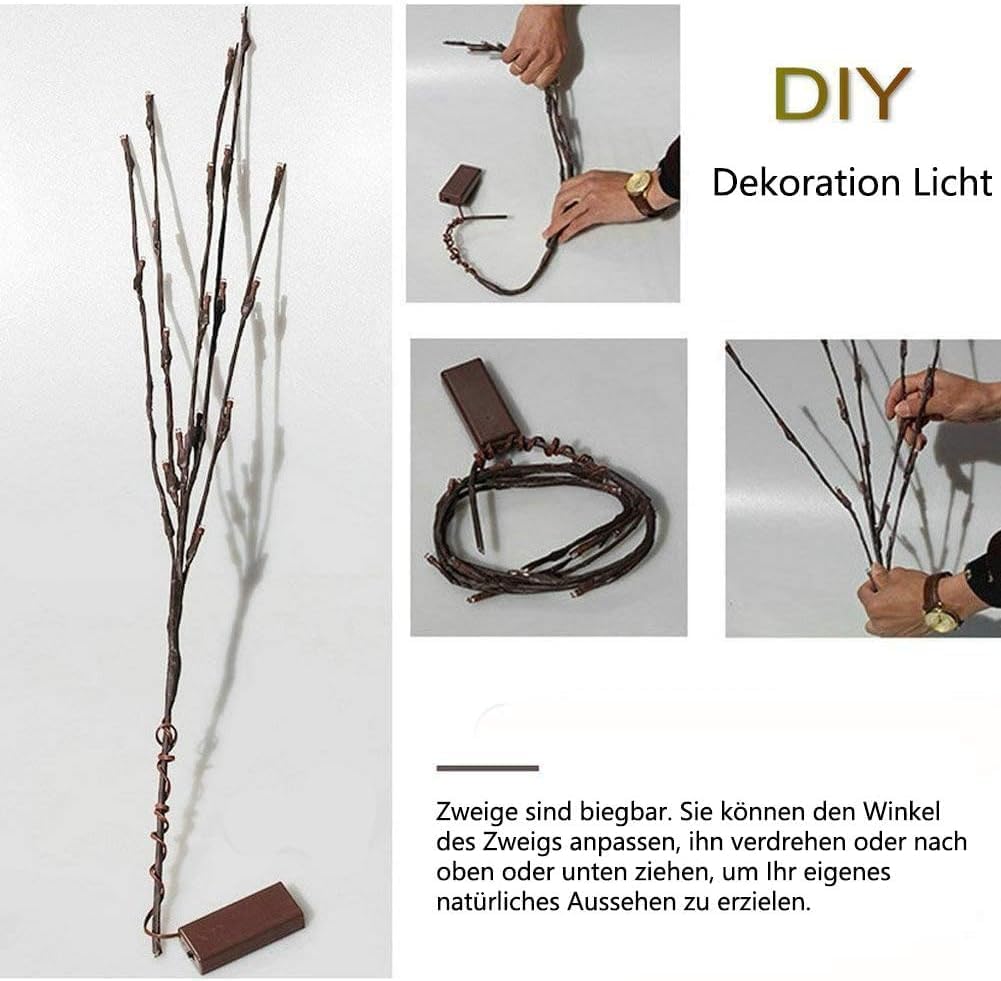 DK177 2 Pack Led Branch Light Battery Operated Lighted Branch Vase Filler Willow Tree Artificial Little Twig Power Brown 30 Inch 20 LED for Indoor Romantic, Multicolor Light