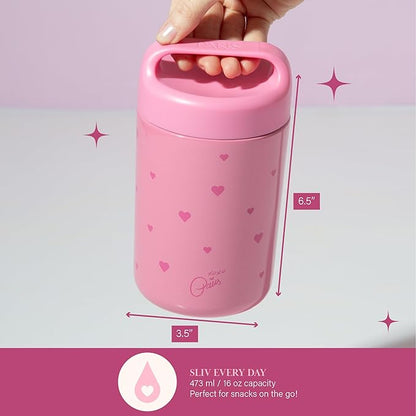Paris Hilton Stainless Steel Food Jar, Double Wall Vacuum Sealed Insulated Food Storage Container with Carry Handle Lid, 16-Ounce, Pink with Heart Design (Pack of 4)