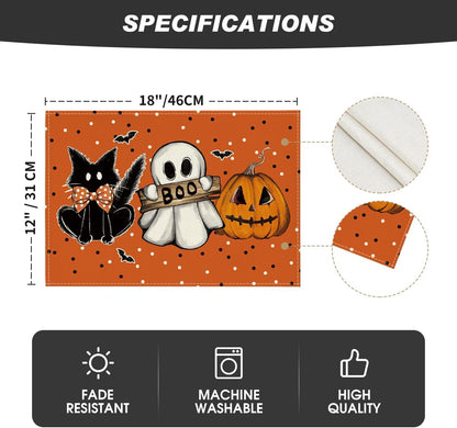 Artoid Mode Orange Polka Dot Ghost Pumpkin Cat Boo Halloween Placemats Set of 4, 12x18 Inch Seasonal Table Mats for Party Kitchen Dining Decoration