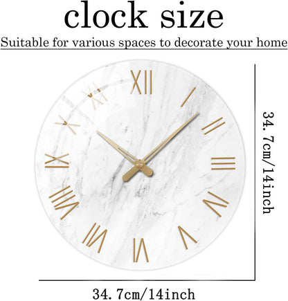 Round Marble Battery Wall Clock Modern 14 Inch White Minimalist Wall Clock for Kitchen Quartz Glass Slient Clock for Wall
