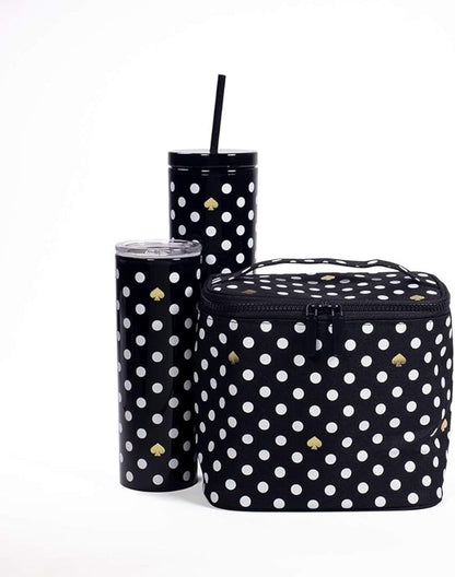 kate spade new york Insulated Soft Cooler Lunch Tote with Double Zipper Close and Carrying Handle, Polka Dots (Black/White)