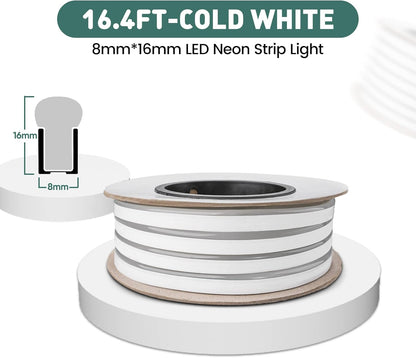 GZBtech Flexible LED Neon Rope Lights 16.4FT,AC 110-120V Waterproof Strip Light, 120 LEDs/M Cuttable Connectable Neon Lighting for Indoor Outdoor Home Decor/Commercial Building Use-Cold White 5M