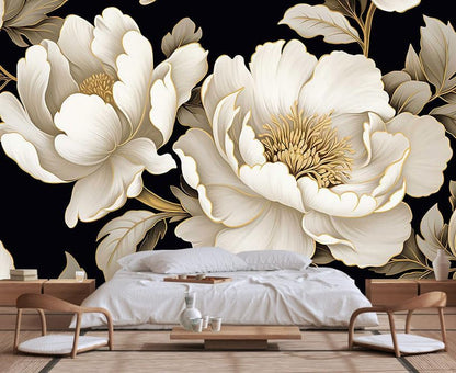 Vintage Peony Buds and Leaves Floral Seamless Pattern Wallpaper for Bedroom, Living Room, Bathroom Wall Backgrounds(Non-self-Adhesive)