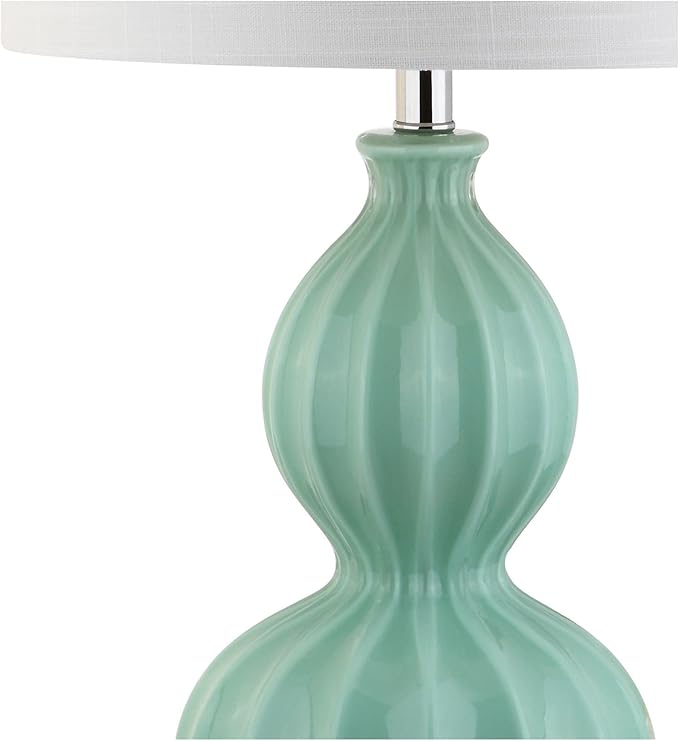 JONATHAN Y 28" Seafoam Green Fluted Ceramic Gourd LED Table Lamp, Midcentury Glam Bedside Lamp for Living Room Bedroom, White Linen Drum Shade, LED Bulb Included JYL5015A